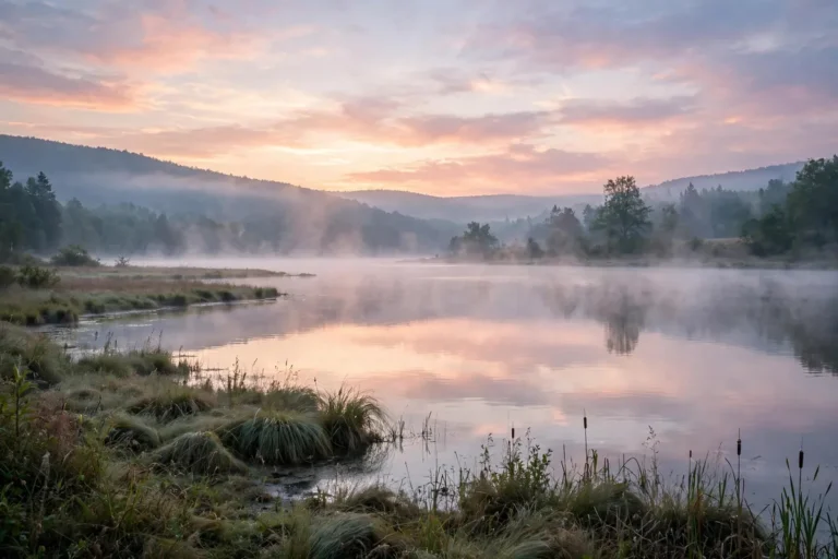 Peaceful sunrise over a calm lake with soft mist, a fresh start for a morning routine