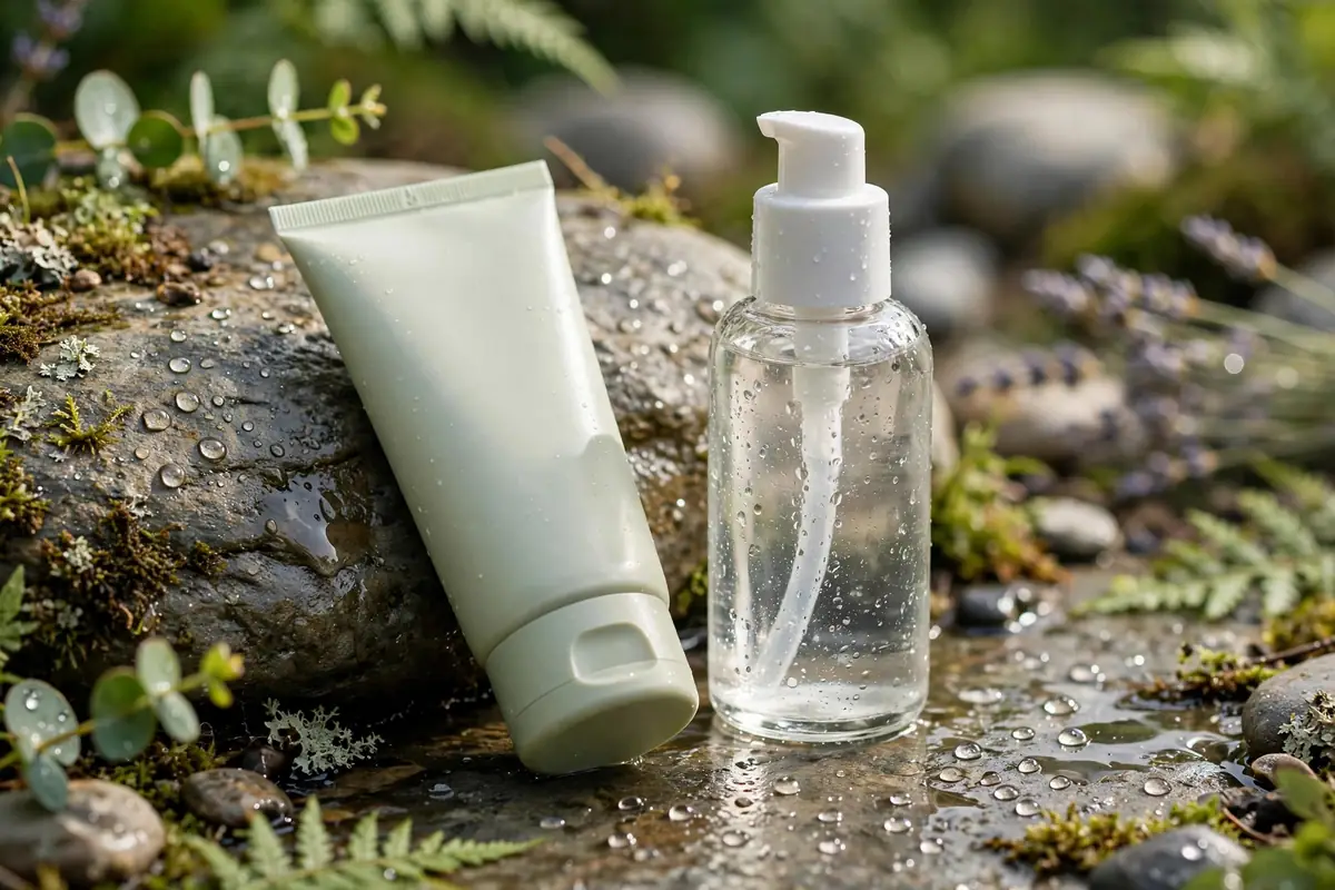 Physical scrub and chemical exfoliant bottles side by side for choosing an exfoliant