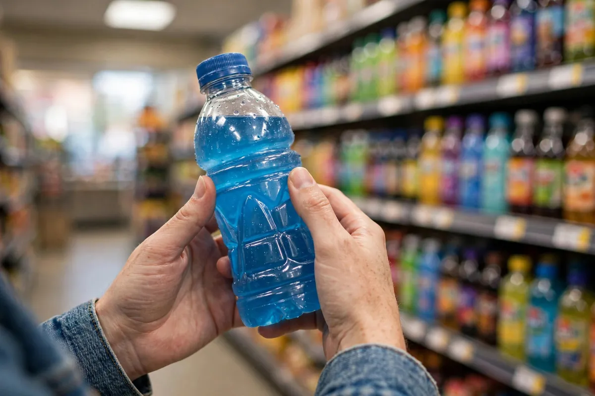 Person reading a sports drink ingredient label in a grocery store aisle