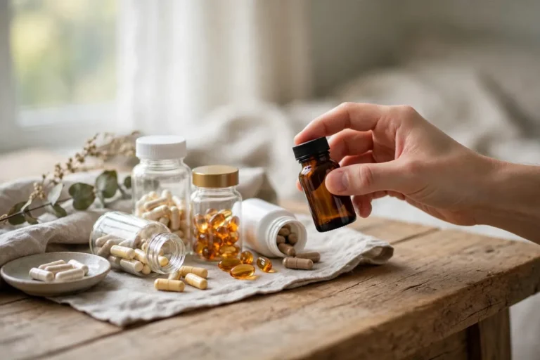 Hand holding a supplement bottle among vitamins on a wooden table