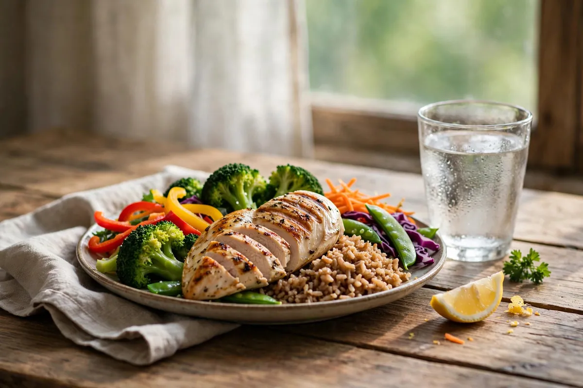 Balanced post-workout recovery meal with chicken, rice and vegetables