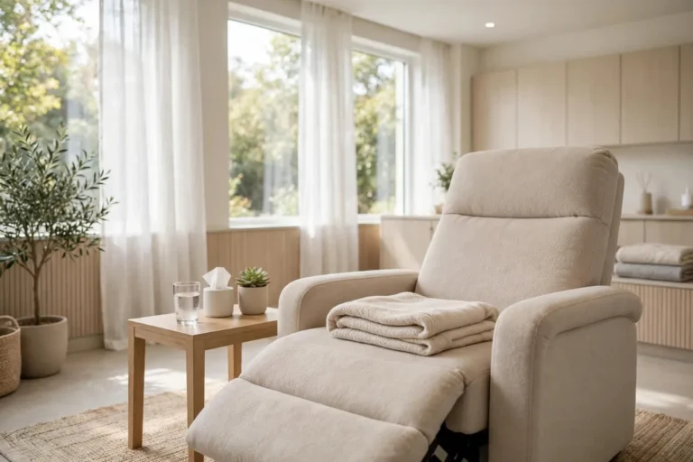 Bright modern clinic recovery lounge with comfortable recliner after lipo laser treatment
