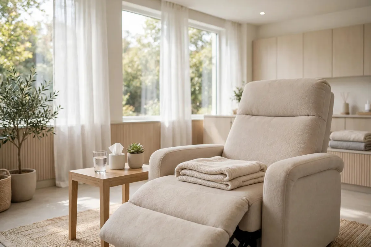Bright modern clinic recovery lounge with comfortable recliner after lipo laser treatment