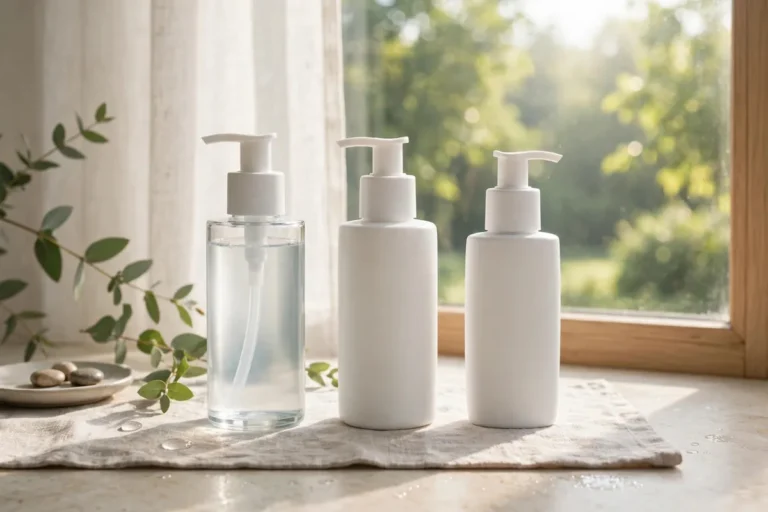 Simple morning skincare routine products arranged neatly by a bright window
