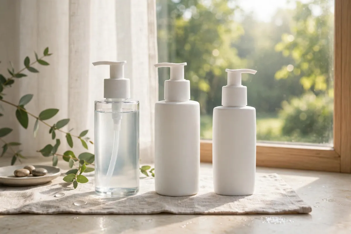 Simple morning skincare routine products arranged neatly by a bright window