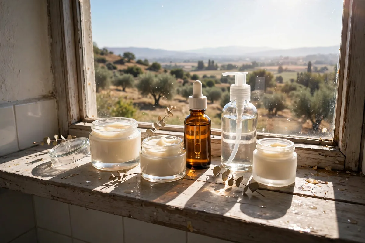 Skincare products sitting in direct sunlight on a windowsill, a common storage mistake