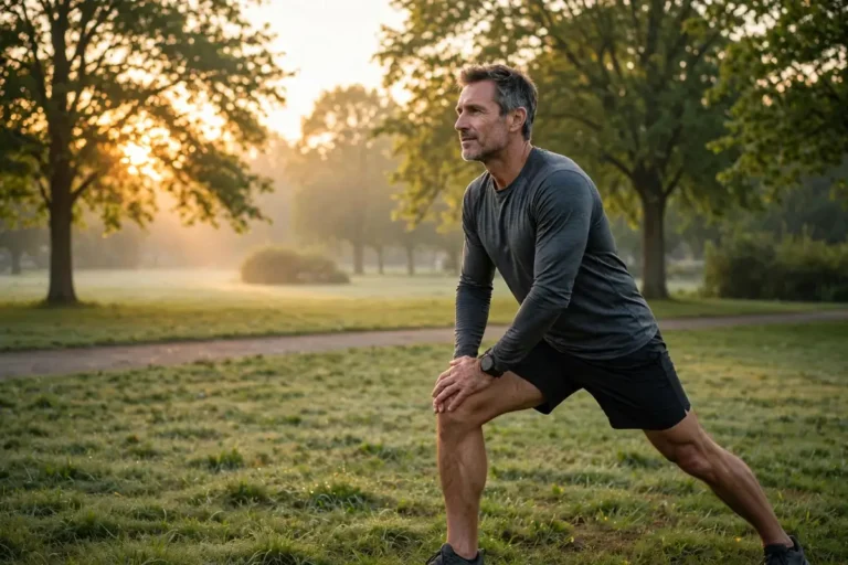 Fit middle-aged man working out outdoors in a park at sunrise