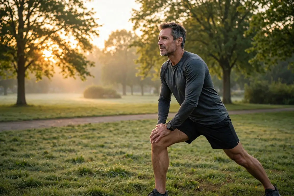 Fit middle-aged man working out outdoors in a park at sunrise