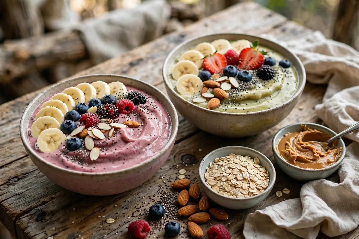 Vegan protein smoothie bowls topped with nuts, seeds and fruit