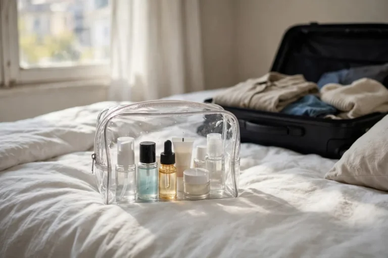 Travel-size skincare bottles in a toiletry bag for building a travel skincare routine