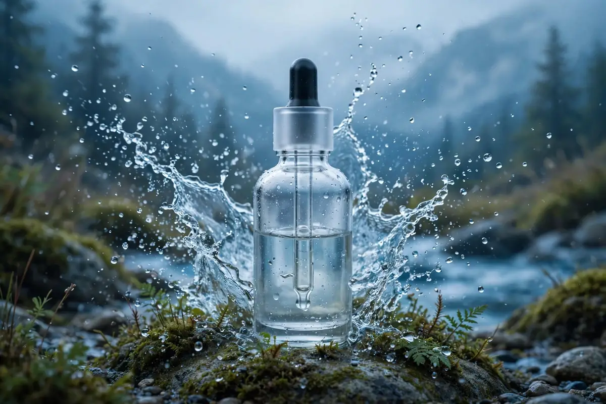 Hyaluronic acid serum bottle with a fresh dewy water droplet effect
