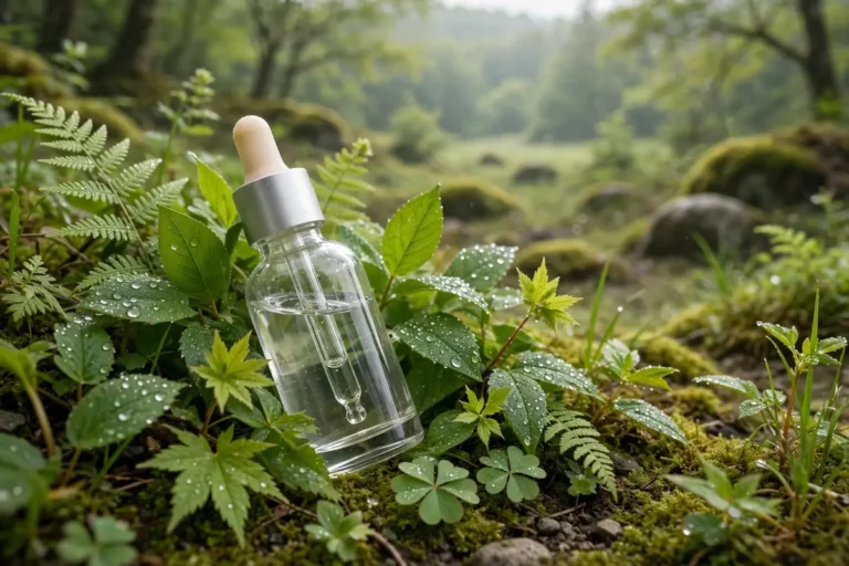 Niacinamide serum bottle with dropper among green leaves in soft daylight