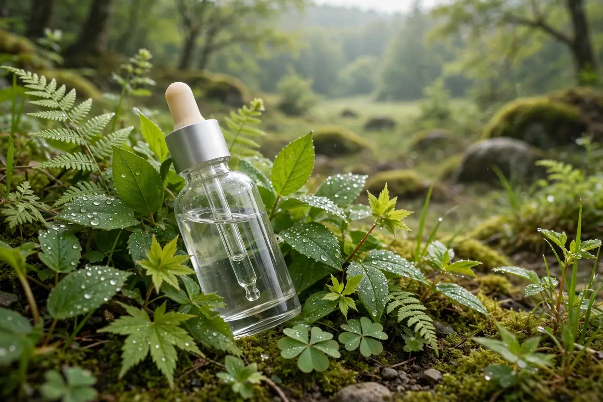 Niacinamide serum bottle with dropper among green leaves in soft daylight