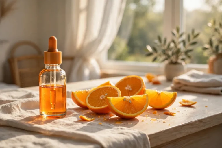 Vitamin C serum bottle beside fresh orange slices showing what vitamin C serum does for skin