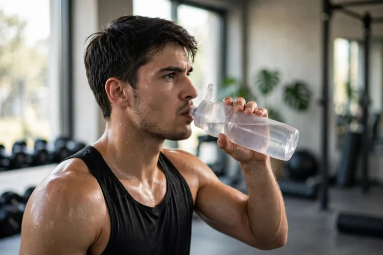 Athlete drinking water from a sports bottle during a workout to replace electrolytes