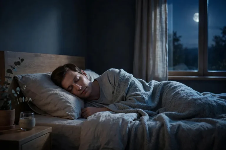 Person in deep peaceful sleep in a dark tranquil bedroom at night