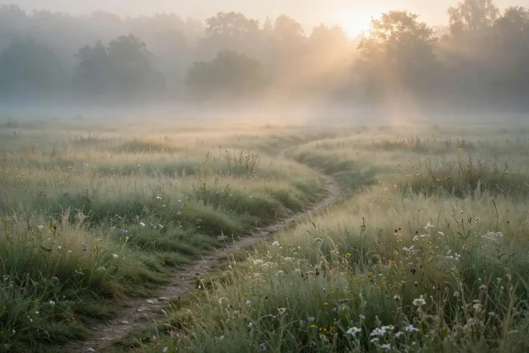 Sunrise mist over a quiet meadow path, a calm scene for motivation on low-energy days