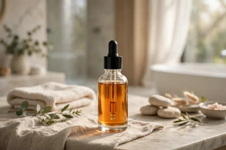 Amber retinol serum dropper bottle on a vanity table in soft morning light