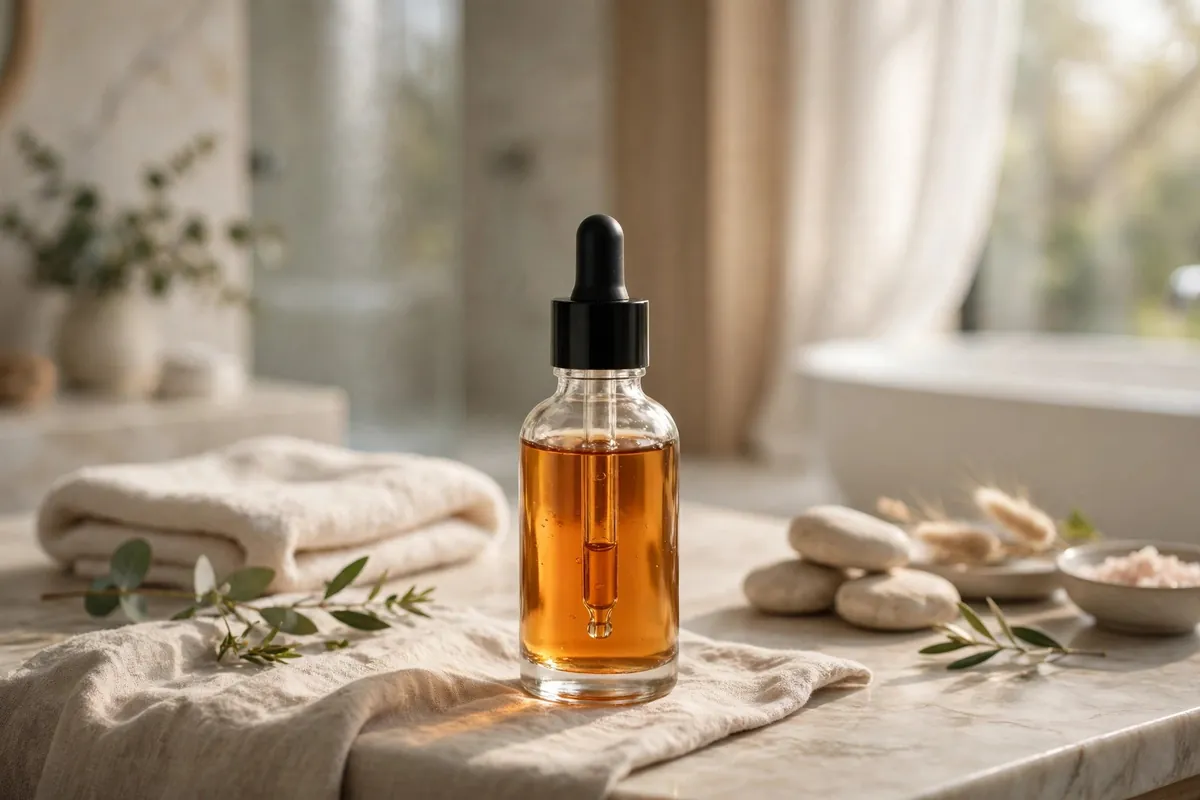 Amber retinol serum dropper bottle on a vanity table in soft morning light