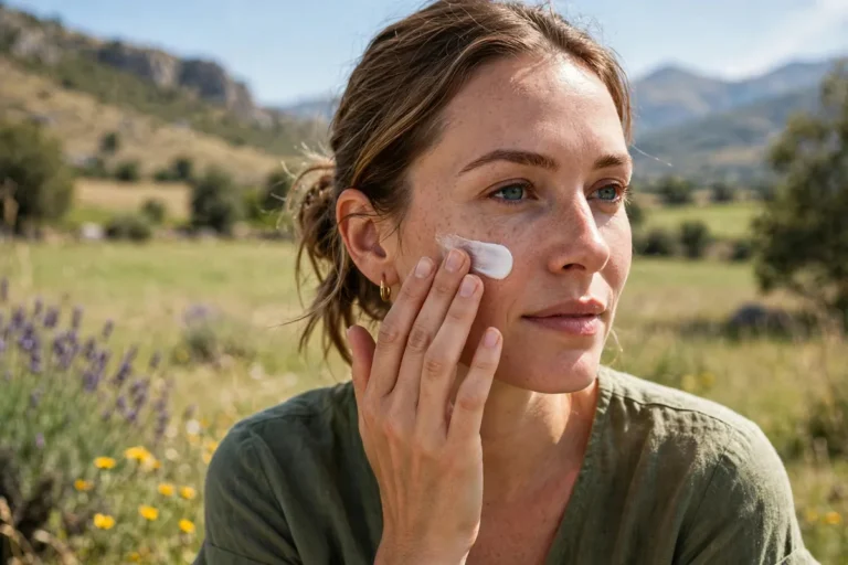 Woman applying sunscreen to her face outdoors, showing what SPF numbers mean for sun protection