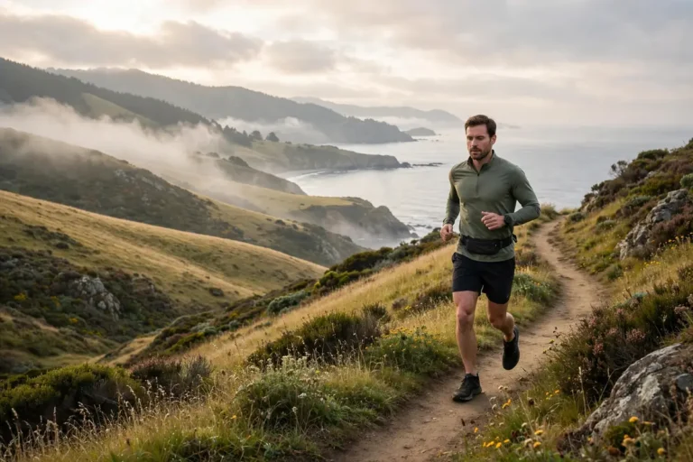 Runner pacing steadily with earbuds during a workout