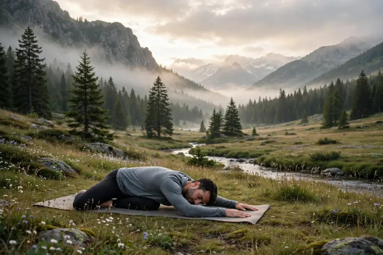 Person in a gentle restorative yoga pose on a mat for active recovery day
